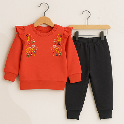 ORANGE EMBROIDERED RUFFLE SWEAT SHIRT AND JOGGERS SET FOR GIRLS