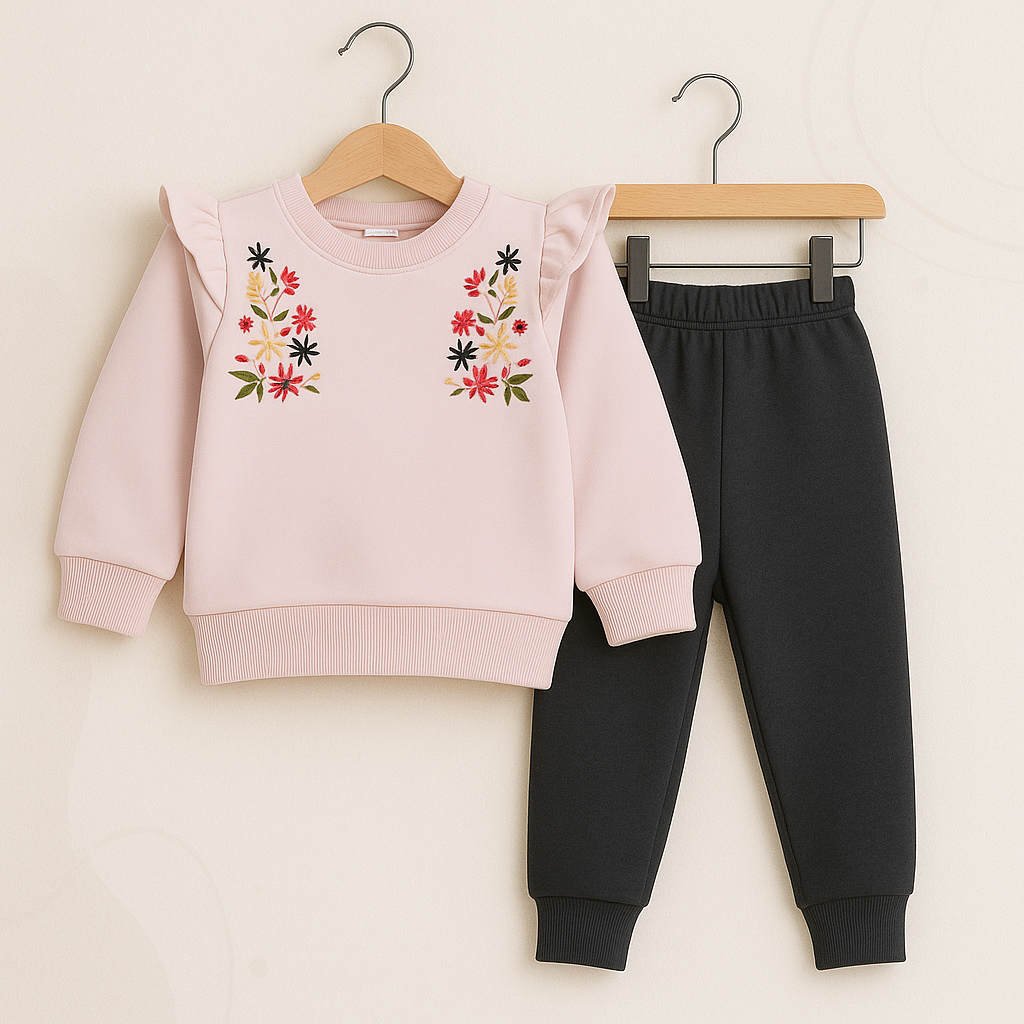 Girls Flower Embroidered Sweatshirt and Joggers Set