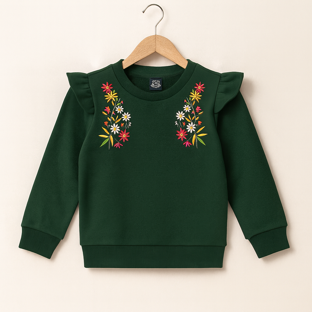 Green Bloom Embroidered Sweatshirt for Girls