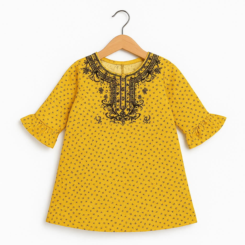 Yellow Printed Kurti with Black Embroidery