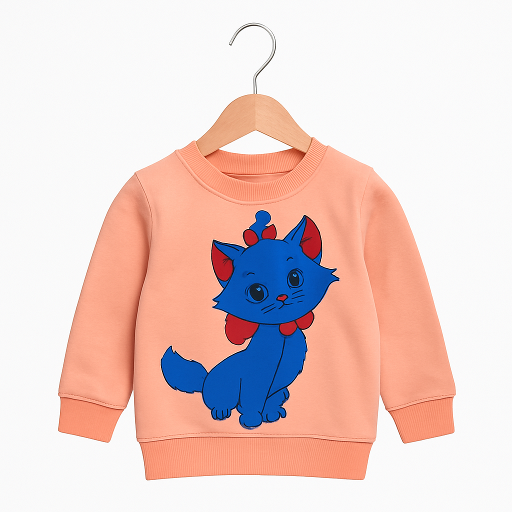 Peach Sweatshirt with Blue Cat Cartoon Print