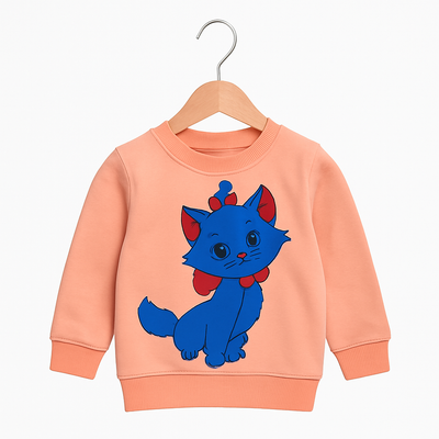 Peach Sweatshirt with Blue Cat Cartoon Print