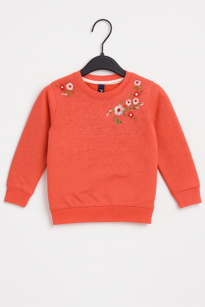 Girls Coral Pink Floral Embroidered Sweatshirt