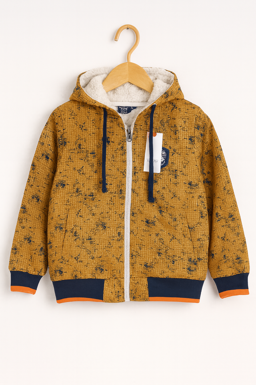 Boys Mustard Yellow Textured Zip-Up Hoodie with Fleece Lining & Navy Accents