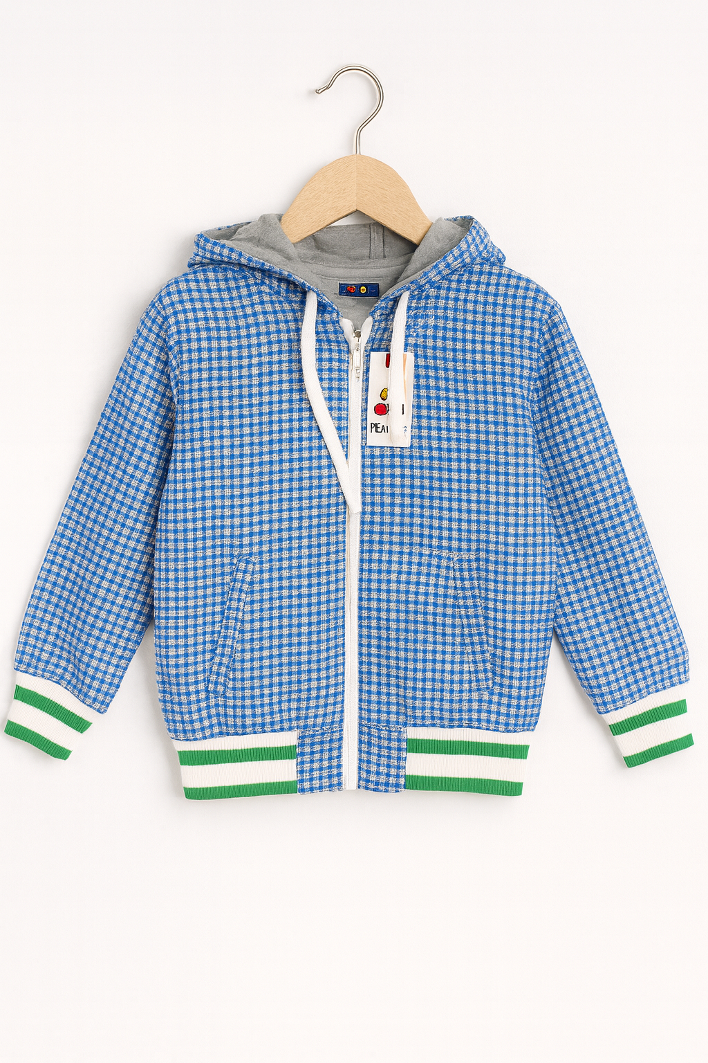 Blue & White Checked Zip-Up Hoodie with Green Trim