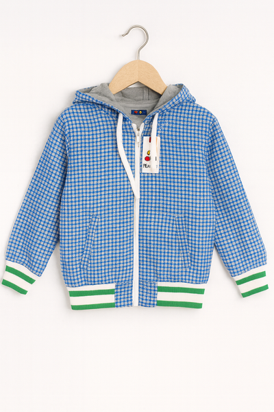 Blue & White Checked Zip-Up Hoodie with Green Trim