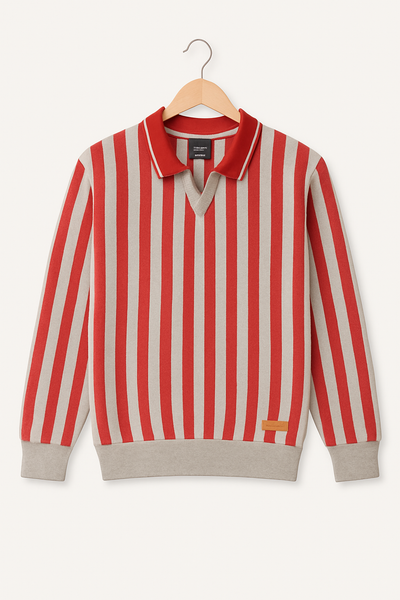 RED CLADDIC STRIPE KNIT POLO SWEATER