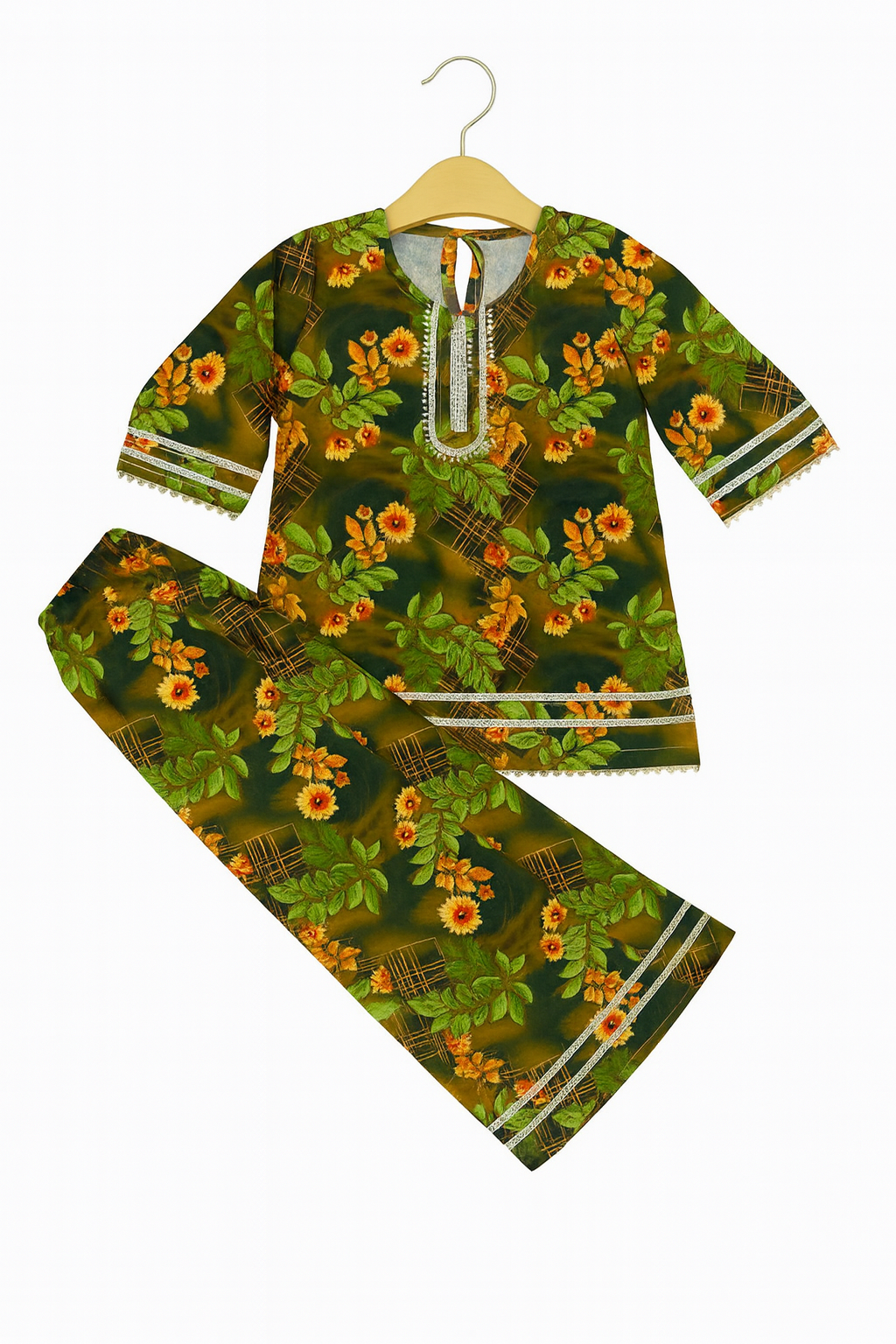 Green Floral Printed Kurta & Wide-Leg Pants Set