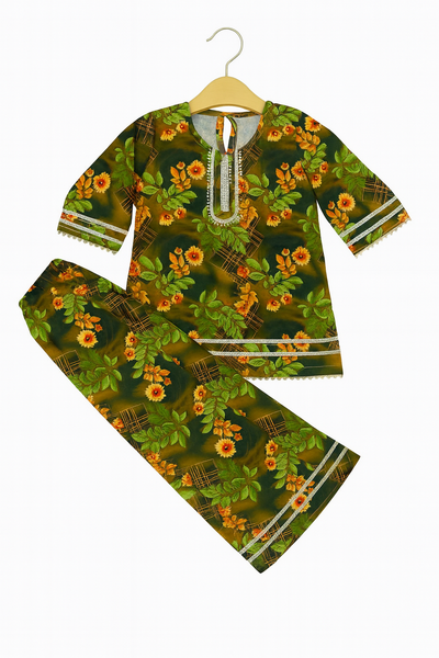 Green Floral Printed Kurta & Wide-Leg Pants Set