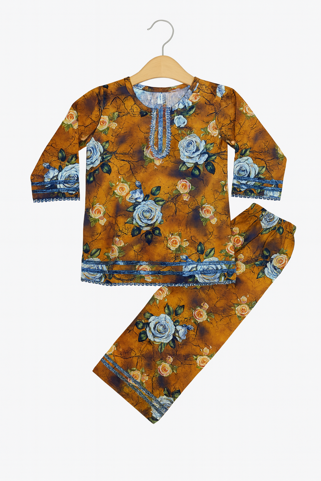 Orange Floral Printed Kurta & Wide-Leg Pants Set