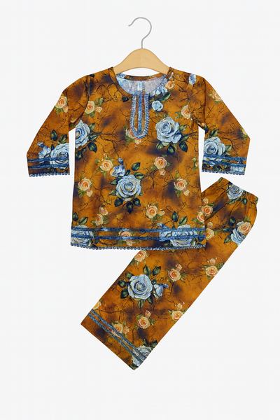 Orange Floral Printed Kurta & Wide-Leg Pants Set