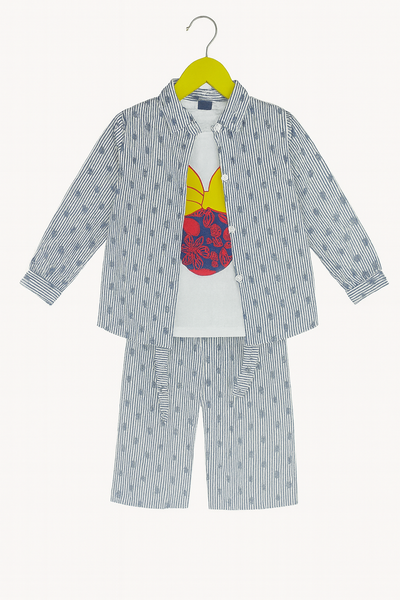 Grey & Blue Co-ord Set (Shirt & Wide-Leg Pants)