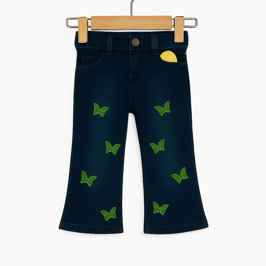 Dark Blue Denim Jeans with Green Butterfly Embroidery