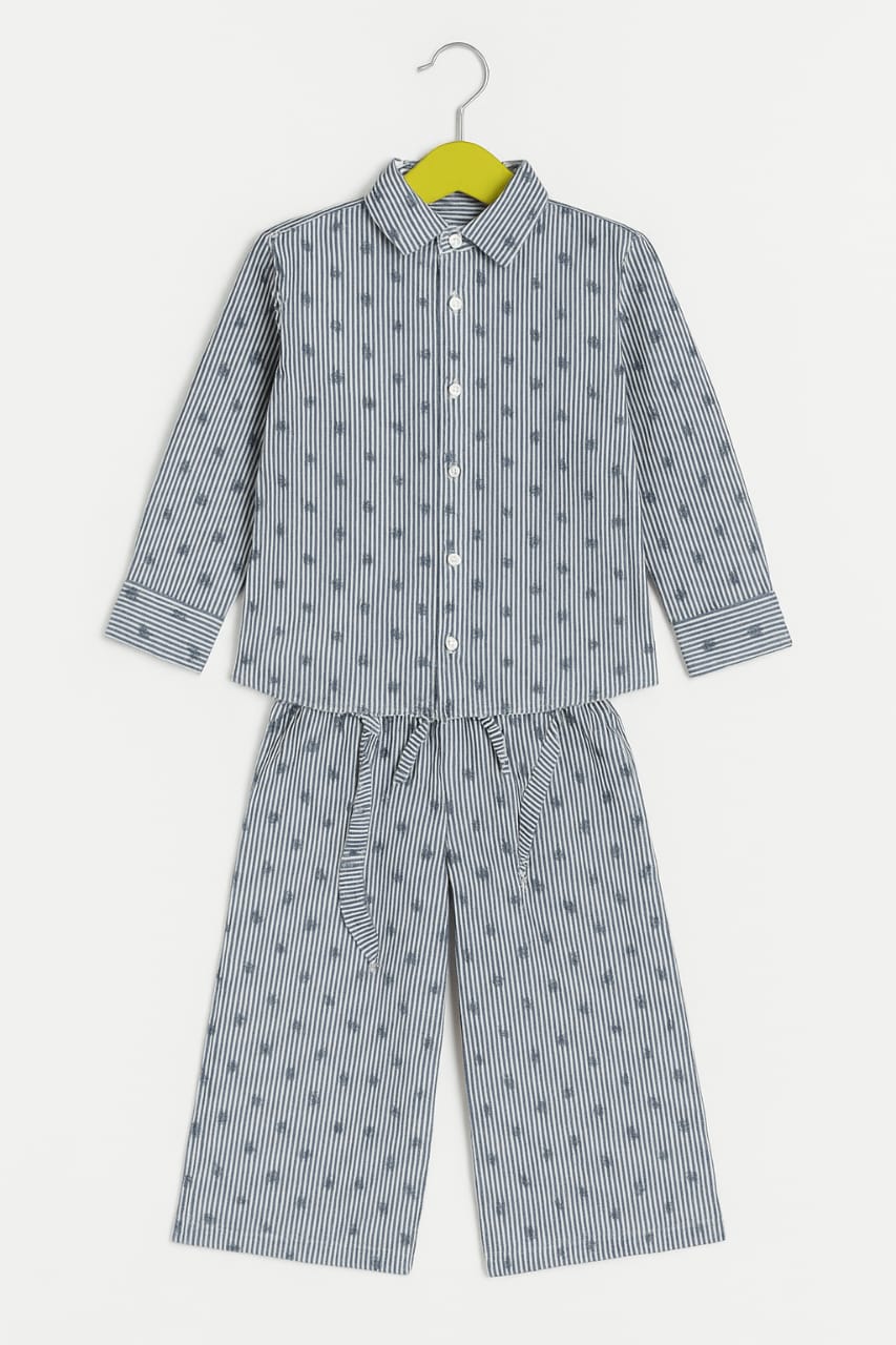 Grey & Blue Co-ord Set (Shirt & Wide-Leg Pants)