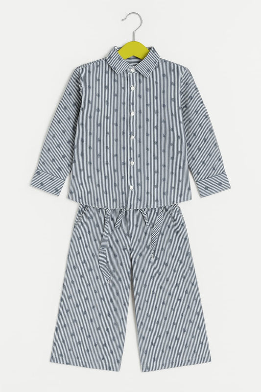 Grey & Blue Co-ord Set (Shirt & Wide-Leg Pants)