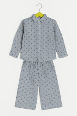 Grey & Blue Co-ord Set (Shirt & Wide-Leg Pants)