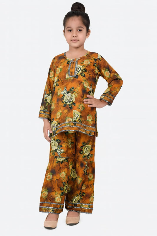 Orange Floral Printed Kurta & Wide-Leg Pants Set
