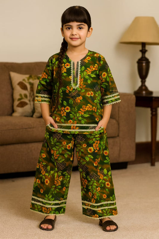 Green Floral Printed Kurta & Wide-Leg Pants Set