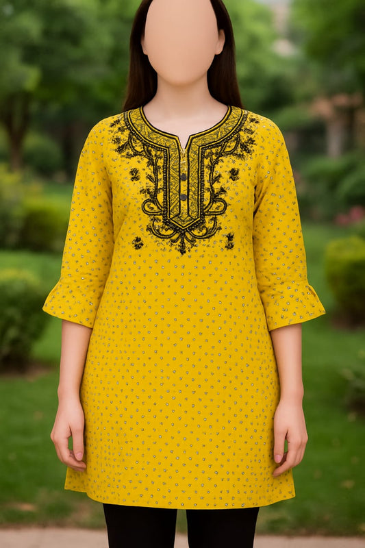 Yellow Printed Kurti with Black Embroidery