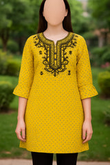 Yellow Printed Kurti with Black Embroidery