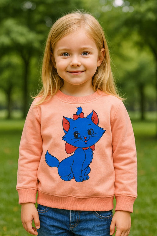 Peach Sweatshirt with Blue Cat Cartoon Print