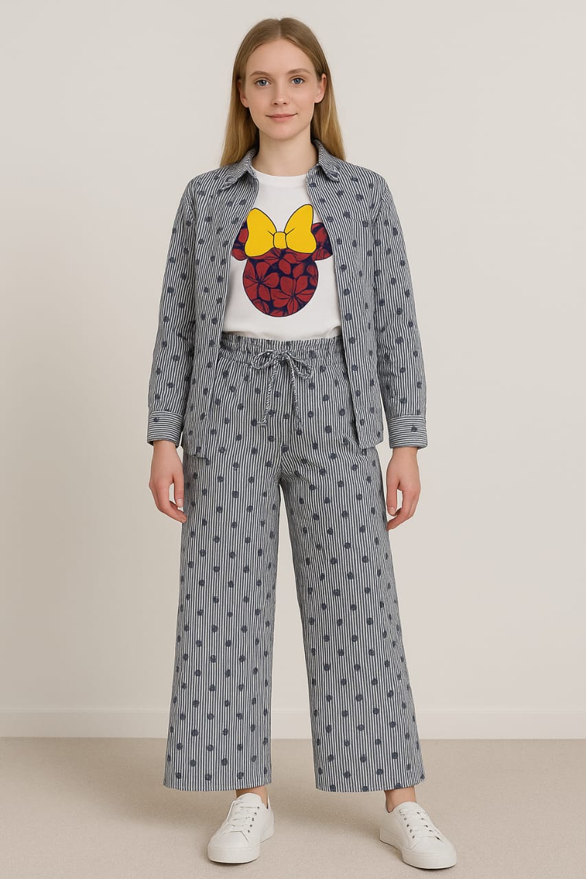 Grey & Blue Co-ord Set (Shirt & Wide-Leg Pants)