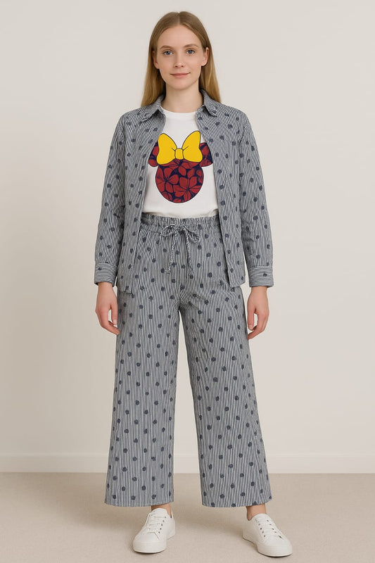 Grey & Blue Co-ord Set (Shirt & Wide-Leg Pants)
