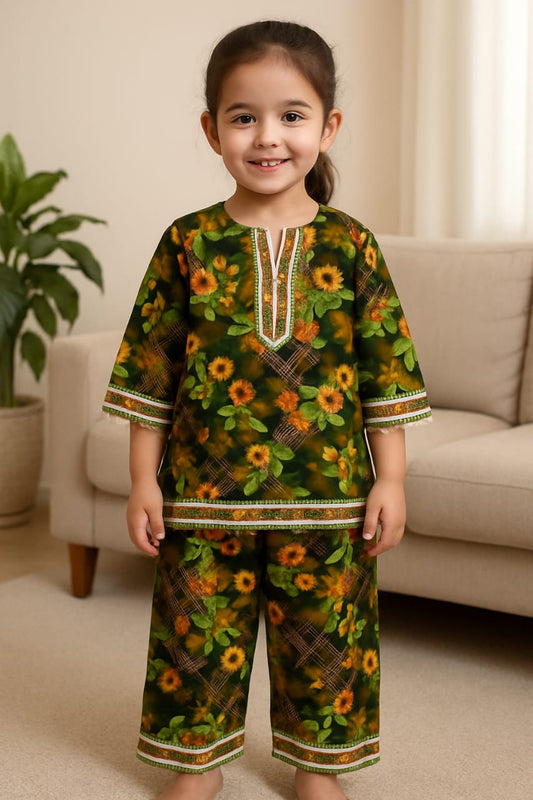 Green Floral Printed Kurta & Wide-Leg Pants Set