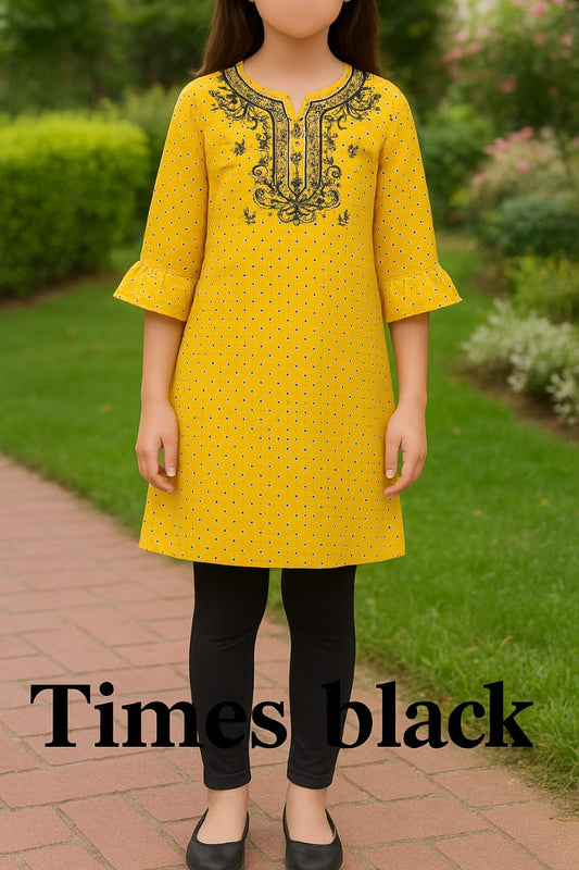 Yellow Printed Kurti with Black Embroidery