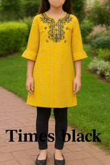 Yellow Printed Kurti with Black Embroidery