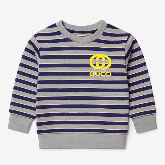 Grey & Navy Striped Sweatshirt with Yellow Logo