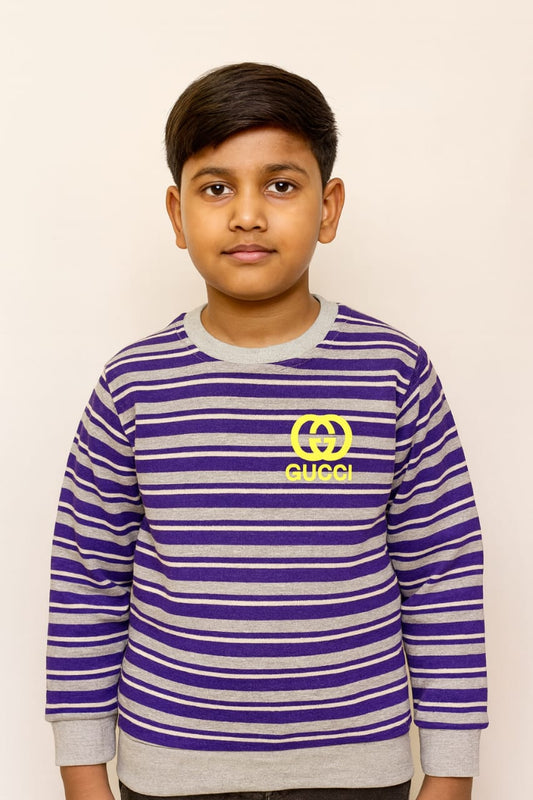 Grey & Navy Striped Sweatshirt with Yellow Logo
