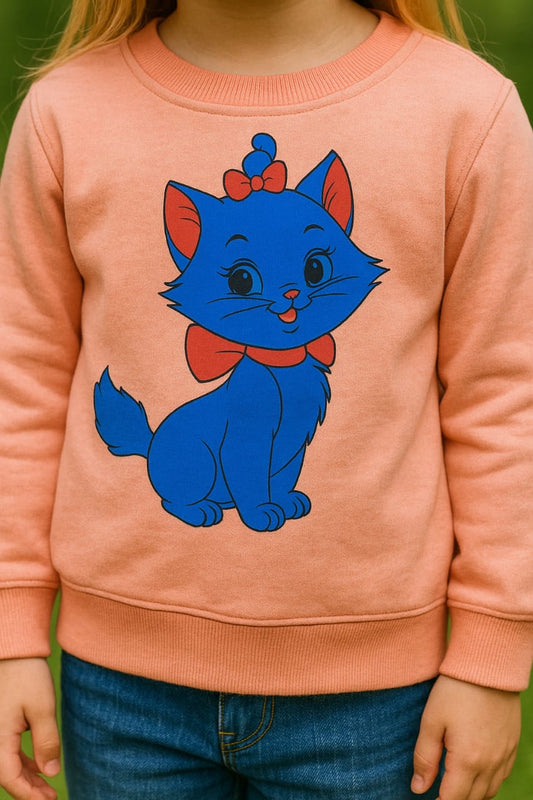 Peach Sweatshirt with Blue Cat Cartoon Print