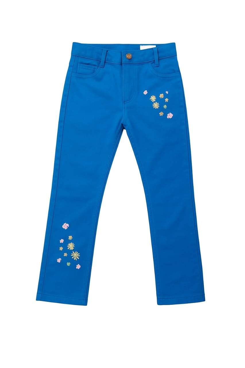 Bright Blue Pants with Floral Embroidery