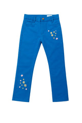 Bright Blue Pants with Floral Embroidery