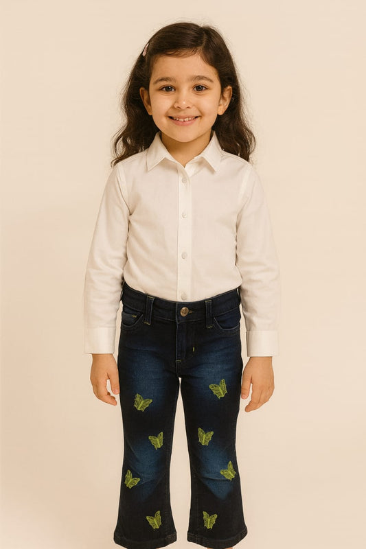 Dark Blue Denim Jeans with Green Butterfly Embroidery