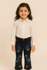 Dark Blue Denim Jeans with Green Butterfly Embroidery