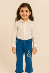 Bright Blue Pants with Floral Embroidery