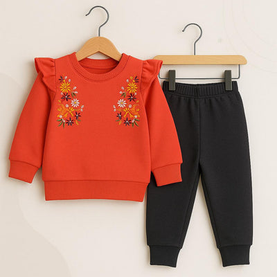 ORANGE EMBROIDERED RUFFLE SWEAT SHIRT AND JOGGERS SET FOR GIRLS