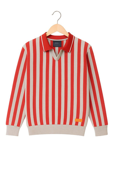 RED CLADDIC STRIPE KNIT POLO SWEATER